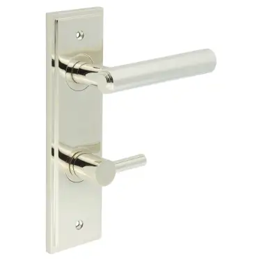 Click Here To Enlarge This Photo Of BUR-45PN-456PN-82PN Frelan Hardware Burlington 'Richmond' Door Handles on 78mm DIN Bathroom Backplate with Polished Nickel Easy Turn & Release