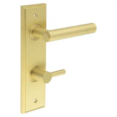 Click Here To Enlarge This Photo Of BUR-45SB-456SB-82SB Frelan Hardware Burlington 'Richmond' Door Handles on 78mm DIN Bathroom Backplate with Satin Brass Easy Turn & Release