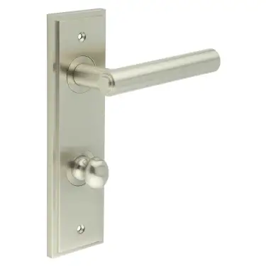 Click Here To Enlarge This Photo Of BUR-45SN-456SN-80SN Frelan Hardware Burlington 'Richmond' Door Handles on 78mm DIN Bathroom Backplate with Satin Nickel Turn & Release (Inner 1)