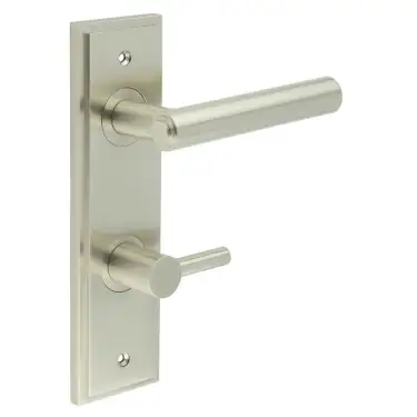 Click Here To Enlarge This Photo Of BUR-45SN-456SN-82SN Frelan Hardware Burlington 'Richmond' Door Handles on 78mm DIN Bathroom Backplate with Satin Nickel Easy Turn & Release