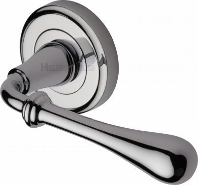 Click Here To Enlarge This Photo Of V7155-PC Heritage Brass Door Handle Lever Latch on Round Rose Roma Design Polished Chrome Finish