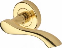 V7210-PB Heritage Brass Door Handle Lever Latch on Round Rose Algarve Design Polished Brass Finish