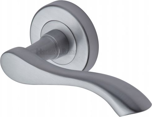 Click Here To Enlarge This Photo Of V7210-SC Heritage Brass Door Handle Lever Latch on Round Rose Algarve Design Satin Chrome Finish