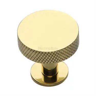 Click Here To Enlarge This Photo Of C3882 38-PB Heritage Brass Cabinet Knob Knurled Disc Design with Rose 38mm Polished Brass finish