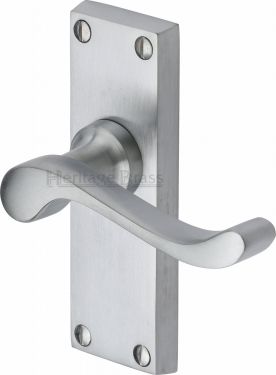 Click Here To Enlarge This Photo Of V800-SC Heritage Brass Door Handle Lever Latch Bedford Short Design Satin Chrome Finish