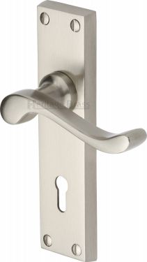 Click Here To Enlarge This Photo Of V810-SN Heritage Brass Door Handle Lever Lock Bedford Design Satin Nickel Finish