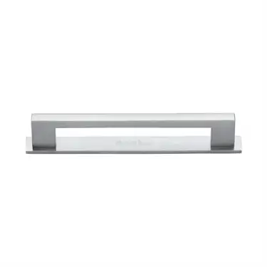 Click Here To Enlarge This Photo Of PL0337 128-SC Heritage Brass Cabinet Pull Metro Design with Plate 128mm ctc Satin Chrome Finish