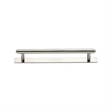 Click Here To Enlarge This Photo Of PL4410 128-PNF Heritage Brass Cabinet Pull Step Design with Plate 128mm ctc Polished Nickel Finish