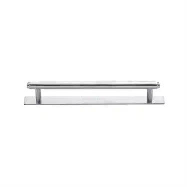 Click Here To Enlarge This Photo Of PL4410 128-SC Heritage Brass Cabinet Pull Step Design with Plate 128mm ctc Satin Chrome Finish