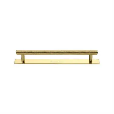 Click Here To Enlarge This Photo Of PL4458 128-PB Heritage Brass Cabinet Pull Knurled Design with Plate 128mm ctc Polished Brass Finish
