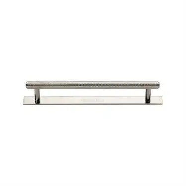 Click Here To Enlarge This Photo Of PL4458 128-PNF Heritage Brass Cabinet Pull Knurled Design with Plate 128mm ctc Polished Nickel Finish