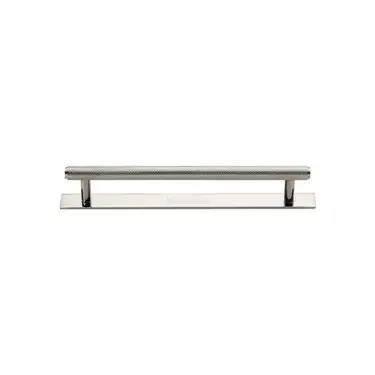 Click Here To Enlarge This Photo Of PL4458 96-PNF Heritage Brass Cabinet Pull Knurled Design with Plate 96mm ctc Polished Nickel Finish