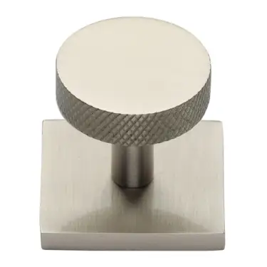 Click Here To Enlarge This Photo Of SQ3884-SN Heritage Brass Cabinet Knob Disc Knurled Design with Square Backplate 32mm Satin Nickel finish