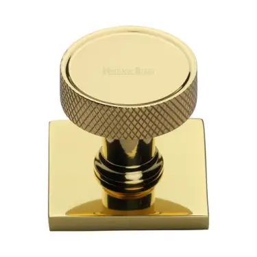 Click Here To Enlarge This Photo Of SQ4648-PB Heritage Brass Cabinet Knob Florence Knurled Design with Square Backplate 32mm Polished Brass finish