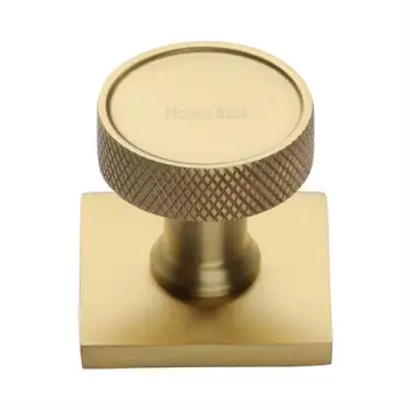 Click Here To Enlarge This Photo Of SQ4648-SB Heritage Brass Cabinet Knob Florence Knurled Design with Square Backplate 32mm Satin Brass finish