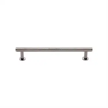 Click Here To Enlarge This Photo Of V4459 128-PNF Heritage Brass Cabinet Pull Knurled Design with 16mm Rose 128mm ctc Polished Nickel finish