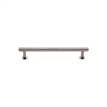 Click Here To Enlarge This Photo Of V4459 96-PNF Heritage Brass Cabinet Pull Knurled Design with 16mm Rose 96mm ctc Polished Nickel finish