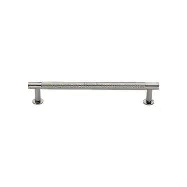 Click Here To Enlarge This Photo Of V4462 128-PNF Heritage Brass Cabinet Pull Partial Knurled Design with 16mm Rose 128mm ctc Polished Nickel finish