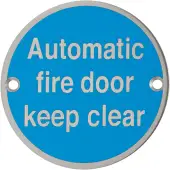 AR915 Hoppe 76mm "Automatic Fire Door Keep Clear" Sign - Satin Stainless Steel (87105714)