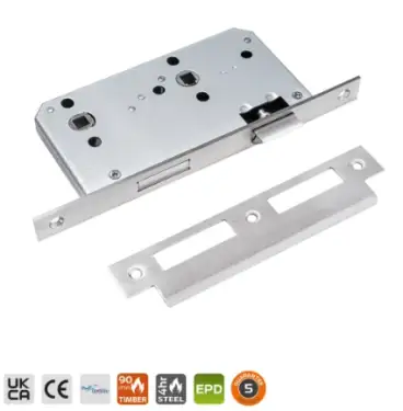 Click Here To Enlarge This Photo Of BRITON 5430.60.S.SS DIN Bathroom Lock Case with Square Corners - 78mm Centres - 60mm Backset - Satin Stainless Steel