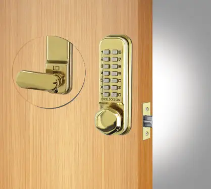 Click Here To Enlarge This Photo Of Codelocks CL255 PB Light Duty Mechanical Digital Lock with 60mm Tubular Latch & Hold Open Function - Polished Brass