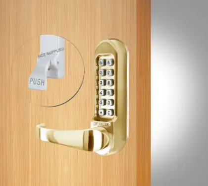 Click Here To Enlarge This Photo Of Codelocks CL505 PB PK Heavy Duty Mechanical Digital Lock with Code Free Option (Front Plate Only for use with Panic Hardware) - Polished Brass