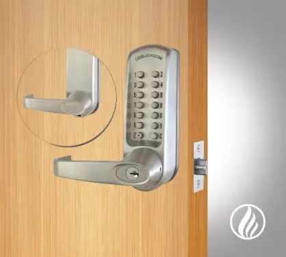 Click Here To Enlarge This Photo Of Codelocks CL615 FIRE RATED Heavy Duty Mechanical Digital Lock with 60mm Tubular Latch, Code Free Option & Key Override - Brushed Steel (97989)