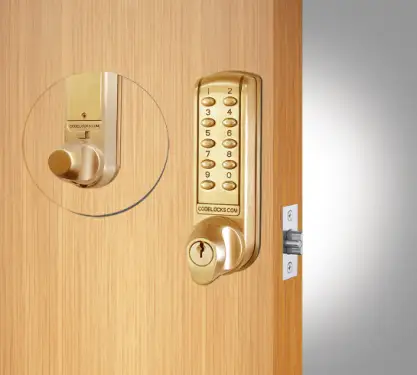 Click Here To Enlarge This Photo Of Codelocks CL2255 PB Light Duty Electronic Digital Lock with 60mm Tubular Latch, Hold Open Function & Key Override - Polished Brass