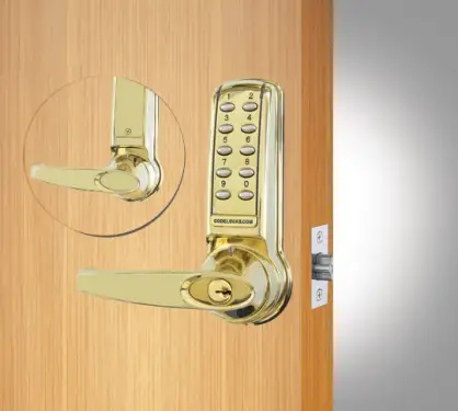 Click Here To Enlarge This Photo Of Codelocks CL4010 PB Medium Duty Electronic Digital Lock with 60mm Tubular Latch, Key Override & Code Free Option - Polished Brass
