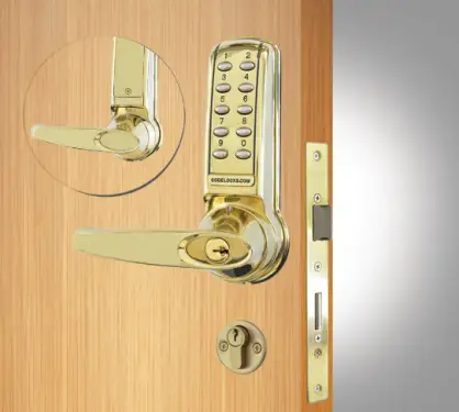 Click Here To Enlarge This Photo Of Codelocks CL4020 PB Medium Duty Electronic Digital Lock with Anti-Panic Mortice Lock, Key Override & Code Free Option - Polished Brass