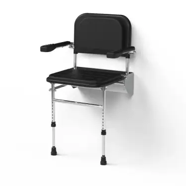 Click Here To Enlarge This Photo Of 335004/BL Fitzroy of London Premium Wall Mounted Shower Seat with Support Legs, Arm & Back Rests - Polished Aluminium Frame and Black Pads
