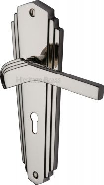 Click Here To Enlarge This Photo Of WAL6500-PNF Heritage Brass Door Handle Lever Lock Waldorf Design Polished Nickel Finish