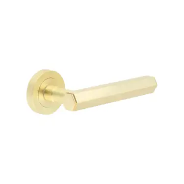 Click Here To Enlarge This Photo Of JV849SB Frelan Hardware Jedo 'Hex' Lever Handles on Round Rose - Satin Brass