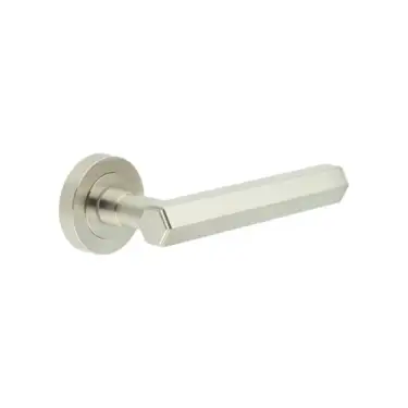 Click Here To Enlarge This Photo Of JV849SN Frelan Hardware Jedo 'Hex' Lever Handles on Round Rose - Satin Nickel
