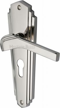 Click Here To Enlarge This Photo Of WAL6548-PNF Heritage Brass Door Handle For Euro Profile Plate Waldorf Design Polished Nickel Finish