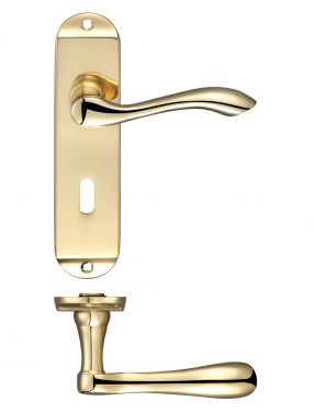 Click Here To Enlarge This Photo Of FB021 - Zoo Hardware Fulton & Bray 'Arundel' Lever Lock (57mm c/c) Handles on Short Backplate (175 x 42mm) Polished Brass