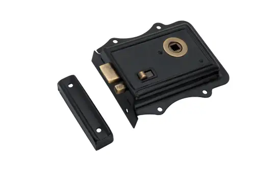 Click Here To Enlarge This Photo Of SB7111BLK/ANT - Spira Brass Iron Rim Lock Olde - Black/Antique
