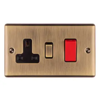 EN45ASWASABB - Eurolite 45Amp DP Cooker Switch with 13Amp Socket Antique Brass with Black Trim (Enhance Range)