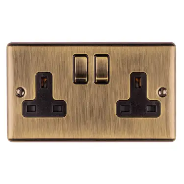 Click Here To Enlarge This Photo Of EN2SOABB - Eurolite 2 Gang 13Amp DP Switched Socket Antique Brass with Black Trim (Enhance Range)