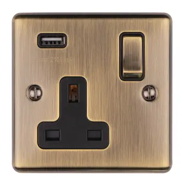 Click Here To Enlarge This Photo Of EN1USBABB - Eurolite 1 Gang 13Amp Switched Socket with 2.1 Amp USB Outlet Antique Brass with Black Trim (Enhance Range)