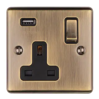 EN1USBABB - Eurolite 1 Gang 13Amp Switched Socket with 2.1 Amp USB Outlet Antique Brass with Black Trim (Enhance Range)
