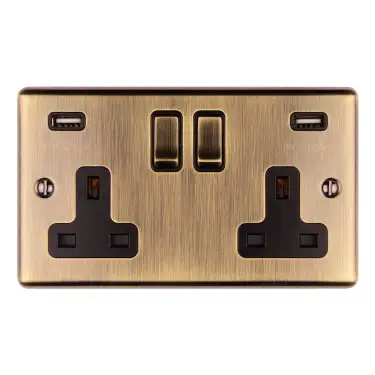 Click Here To Enlarge This Photo Of EN2USBABB - Eurolite 2 Gang 13Amp Switched Socket with Comb 3.1 Amp USB Outlets Antique Brass with Black Trim (Enhance Range)