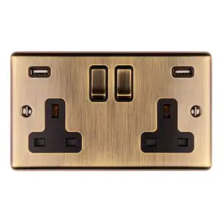 EN2USBABB - Eurolite 2 Gang 13Amp Switched Socket with Comb 3.1 Amp USB Outlets Antique Brass with Black Trim (Enhance Range)