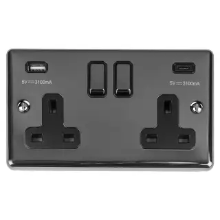 EN2USBCBNB - Eurolite 2 Gang 13Amp Switched Socket with 3.1Amp USB Outlets (1x Type A + 1x Type C) Black Nickel with Black Trim (Enhance Range)