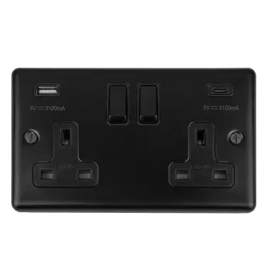 Click Here To Enlarge This Photo Of EN2USBCMBB - Eurolite 2 Gang 13Amp Switched Socket with 3.1Amp USB Outlets (1x Type A + 1x Type C) Matt Black with Black Trim (Enhance Range)