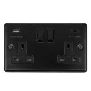 EN2USBCMBB - Eurolite 2 Gang 13Amp Switched Socket with 3.1Amp USB Outlets (1x Type A + 1x Type C) Matt Black with Black Trim (Enhance Range)