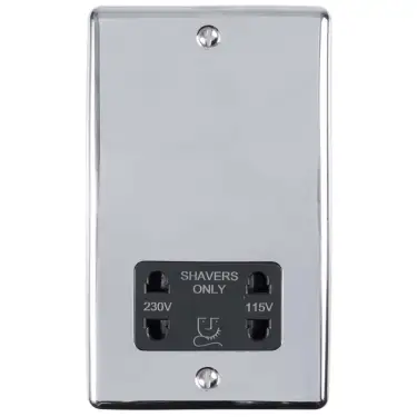 Click Here To Enlarge This Photo Of ENSHSPCB - Eurolite 2 Gang Shaver Socket 230/115V Polished Chrome with Black Trim (Enhance Range)