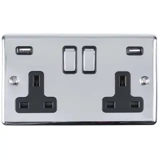 EN2USBPCB - Eurolite 2 Gang 13Amp Switched Socket with Comb 3.1 Amp USB Outlets Polished Chrome with Black Trim (Enhance Range)