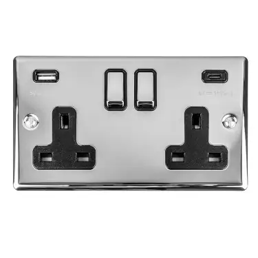 Click Here To Enlarge This Photo Of EN2USBCPCB - Eurolite 2 Gang 13Amp Switched Socket with 3.1Amp USB Outlets (1x Type A + 1x Type C) Polished Chrome with Black Trim (Enhance Range)