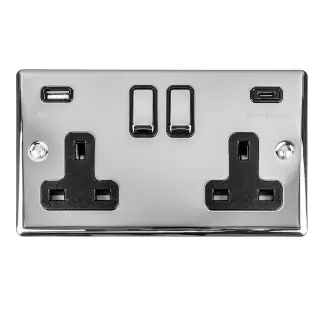 EN2USBCPCB - Eurolite 2 Gang 13Amp Switched Socket with 3.1Amp USB Outlets (1x Type A + 1x Type C) Polished Chrome with Black Trim (Enhance Range)